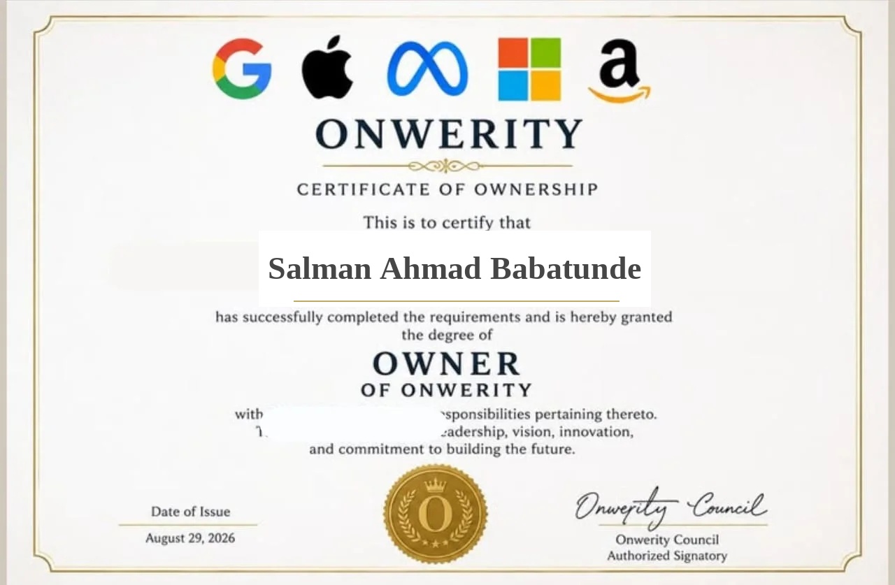 Onwerity ownership certificate for Salman Ahmad Babatunde