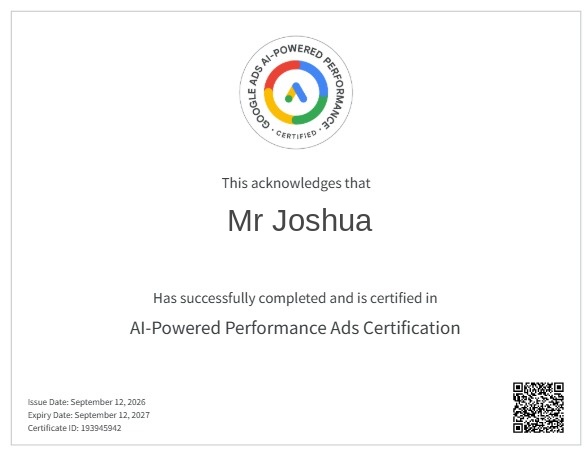 Google Ads certificate for Mr Joshua