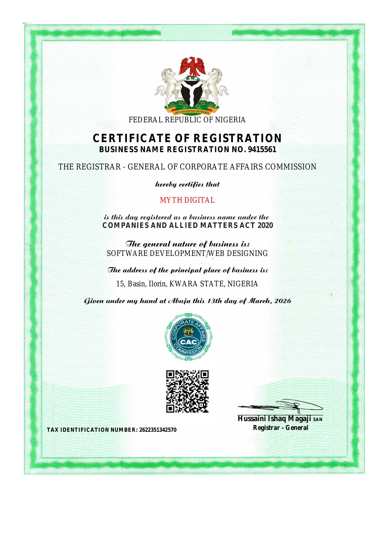 Myth Digital CAC Business Registration Certificate — BN 9415561