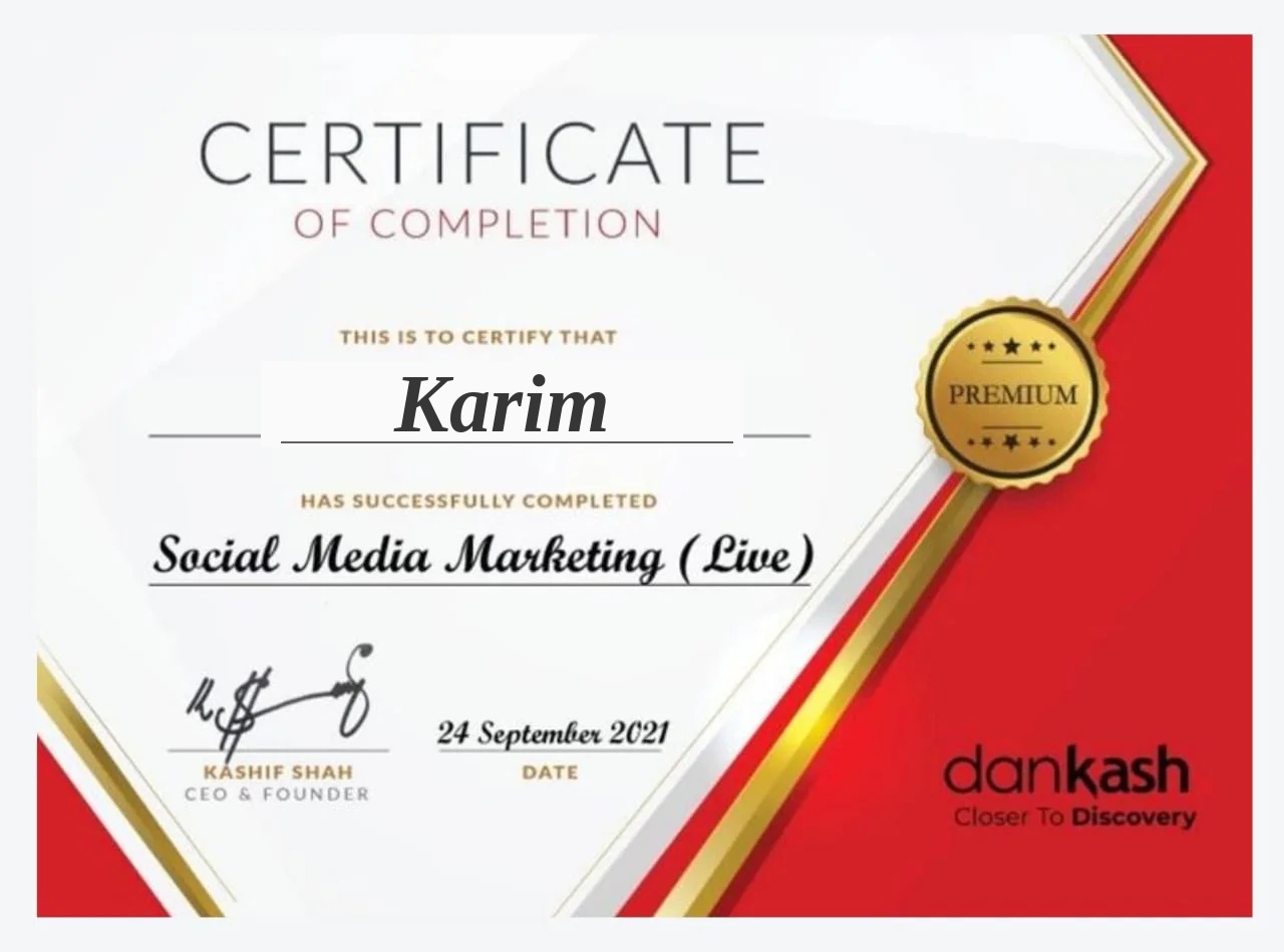 Social media marketing certificate for Karim