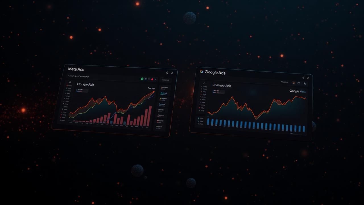 Meta Ads and Google Ads dashboards floating in space