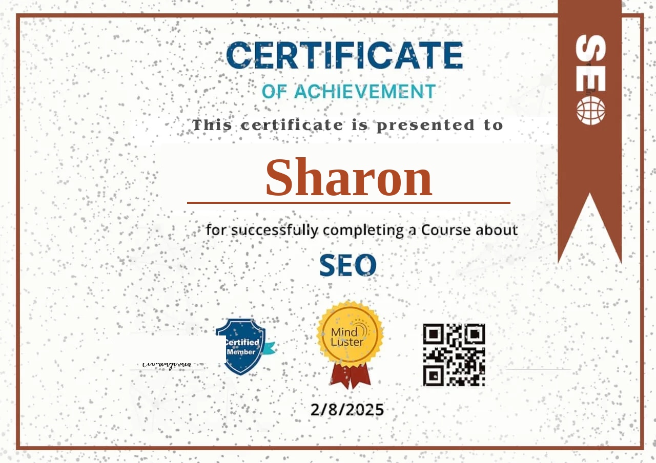 SEO certificate for Sharon