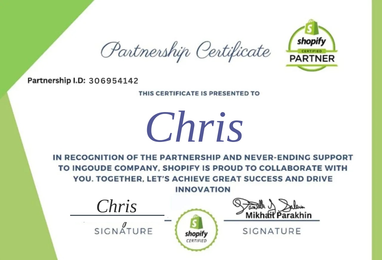 Shopify Partner certificate for Chris