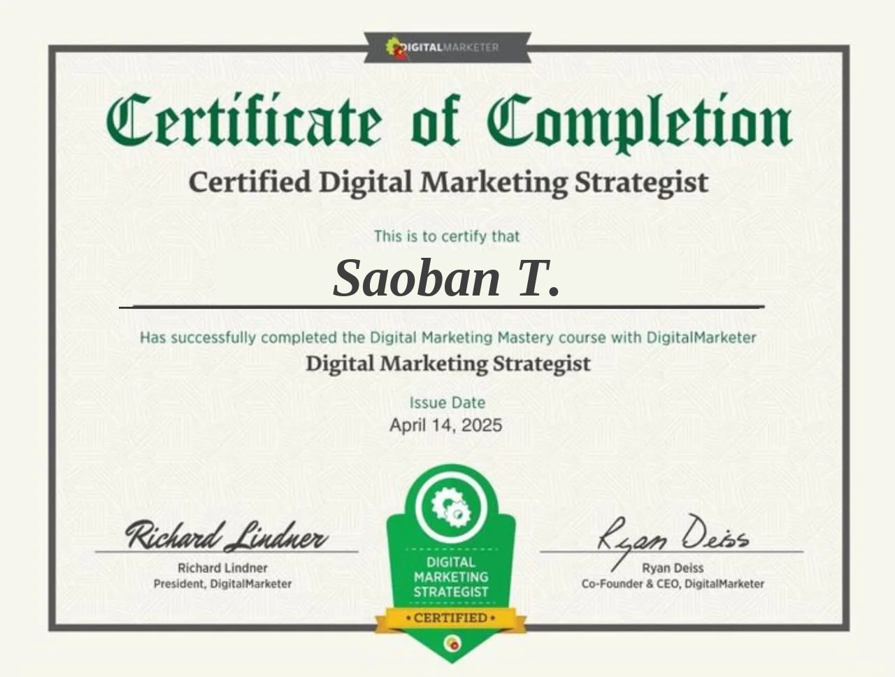 Digital marketing strategist certificate for Saoban T.
